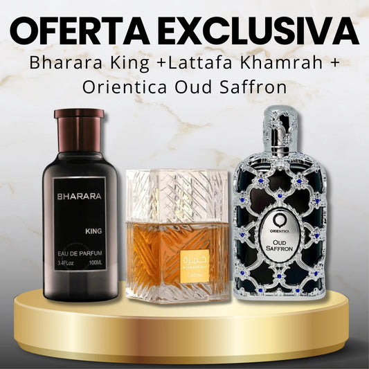 [COMBO ELITE] KIT 3 Perfumes | King Bharara |  Khamrah Lattafa | Orientica Oud Saffron